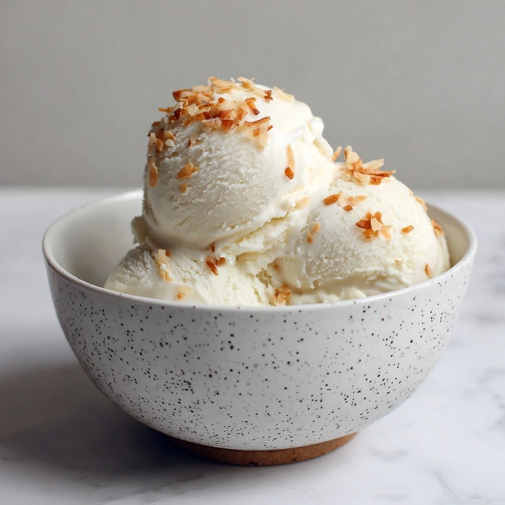 Creamy Coconut Ice Cream with Shredded Coconut Recipe - Recipe Image — Creamy Coconut Ice Cream with Shredded Coconut, coconut ice cream recipe, homemade coconut ice cream, tropical coconut dessert, easy coconut ice cream