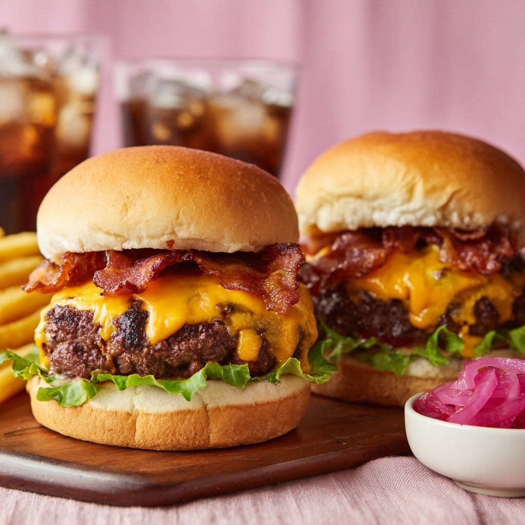 Grilled Cheeseburgers with Bacon and Pickled Vegetables Recipe - Recipe Image — Grilled Cheeseburgers with Bacon and Pickled Vegetables, Grilled Cheeseburgers with Bacon and Pickled Vegetables recipe, Bacon cheeseburgers with pickled vegetables, Easy grilled cheeseburgers with bacon, Juicy bacon cheeseburgers with pickled toppings