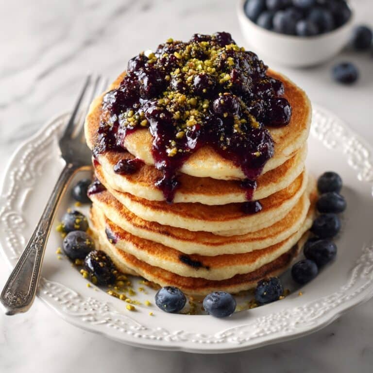 Blueberry Pancakes with Homemade Blueberry Jam and Pistachio Garnish Recipe