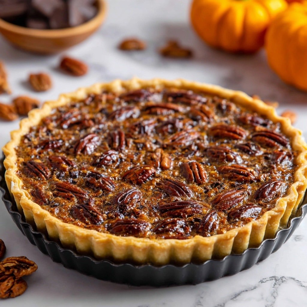 Chocolate Bourbon Pecan Pie Recipe - Recipe Image — Chocolate Bourbon Pecan Pie, indulgent pecan pie with chocolate and bourbon, easy holiday pie with pecans and chocolate, rich chocolate bourbon pecan tart, cozy festive pie recipe