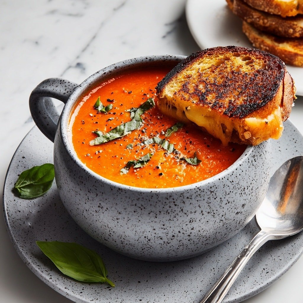 Creamy Tomato Soup with Grilled Cheese Recipe - Recipe Image — Creamy Tomato Soup with Grilled Cheese,Classic Tomato Soup and Grilled Cheese,Comforting Tomato Soup Pairings,Easy Tomato Soup and Grilled Cheese,Velvety Tomato Soup with Cheese Sandwich