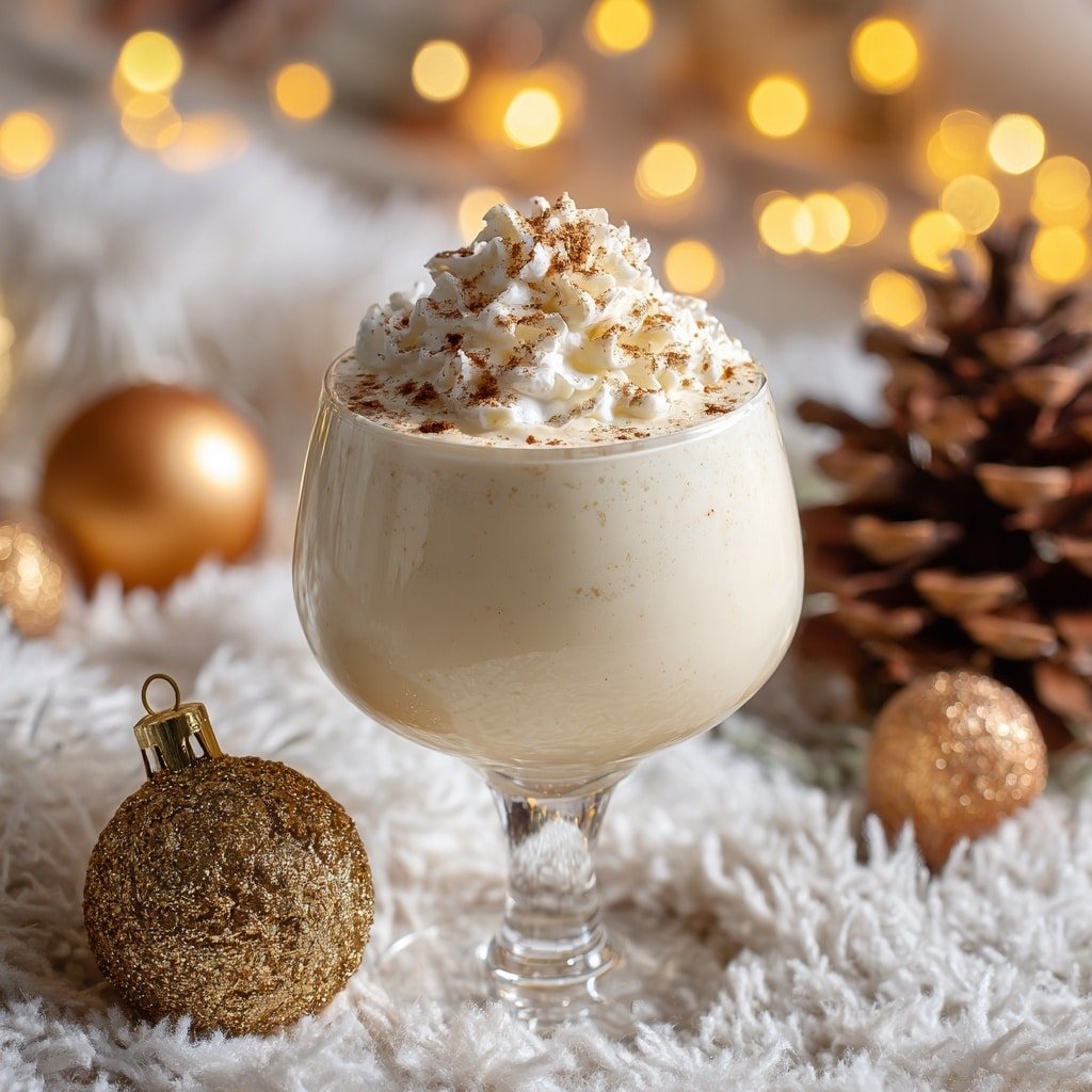 Spiked Eggnog Martini Recipe - Recipe Image — Spiked Eggnog Martini, Eggnog Martini cocktail, holiday eggnog drinks, festive vodka eggnog, easy holiday cocktails