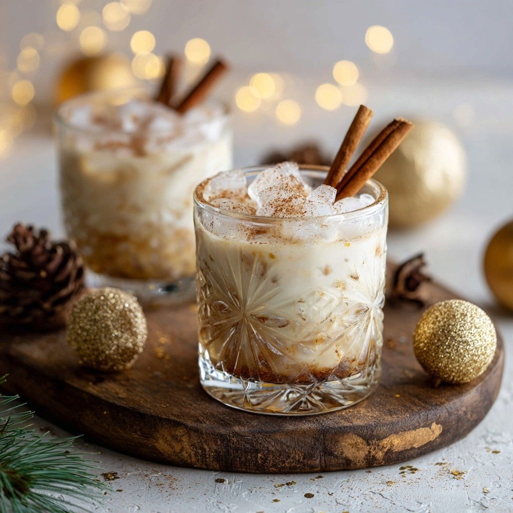 Eggnog White Russian Recipe - Recipe Image — Eggnog White Russian, Eggnog White Russian cocktail, holiday eggnog drinks, festive White Russian recipe, creamy holiday cocktails