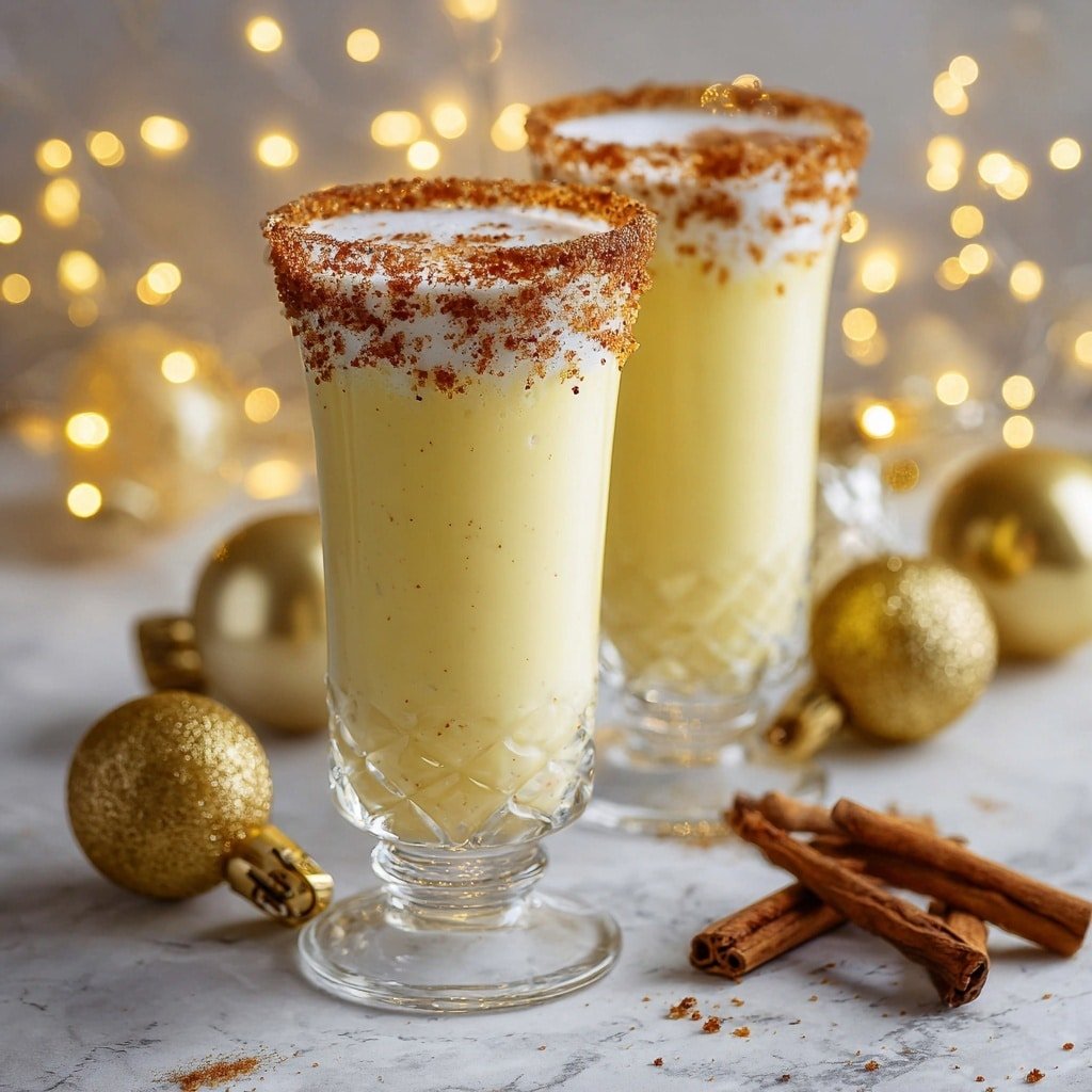 Eggnog Mimosa Recipe - Recipe Image — Eggnog Mimosa, festive brunch drinks, holiday cocktail ideas, creamy eggnog cocktails, sparkling wine mimosas