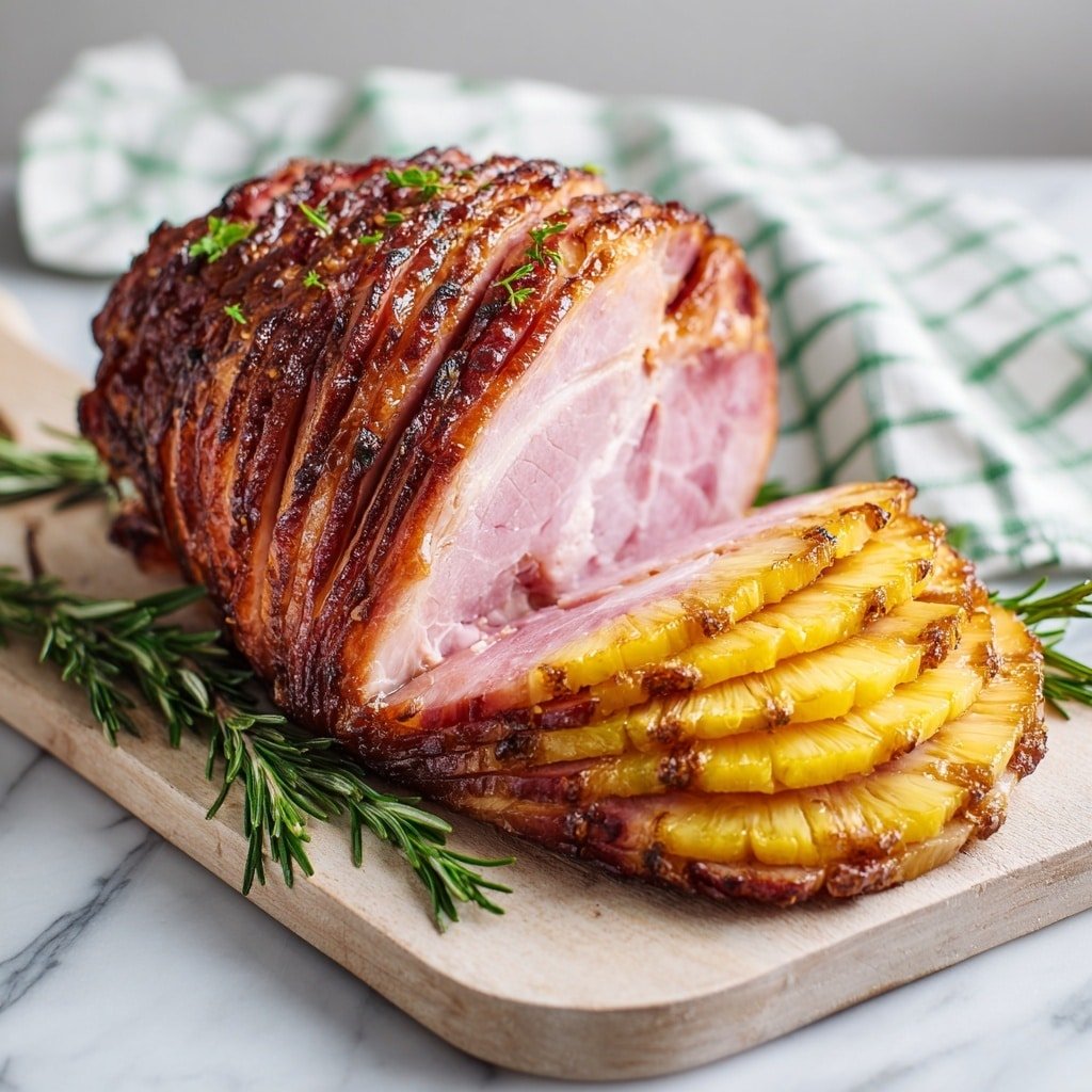 Brown Sugar Pineapple Ham Recipe - Recipe Image — Brown Sugar Pineapple Ham, Pineapple Glazed Ham, Easy Ham Recipe, Holiday Ham Ideas, Tropical Ham Glaze