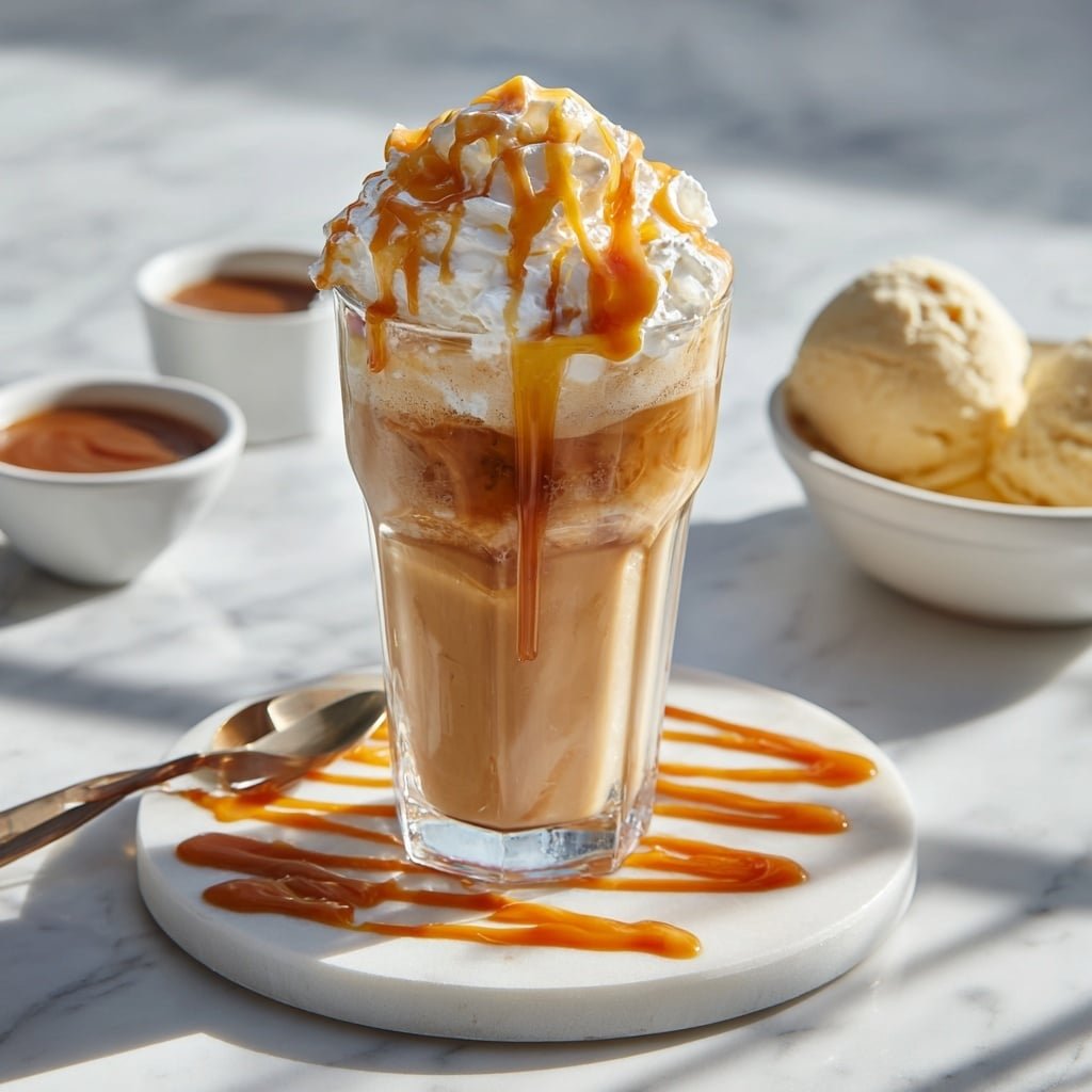 Salted Caramel Milkshake Recipe - Recipe Image — Salted Caramel Milkshake, salted caramel milkshake recipe, easy caramel milkshake, vanilla ice cream milkshake, sweet and salty milkshake