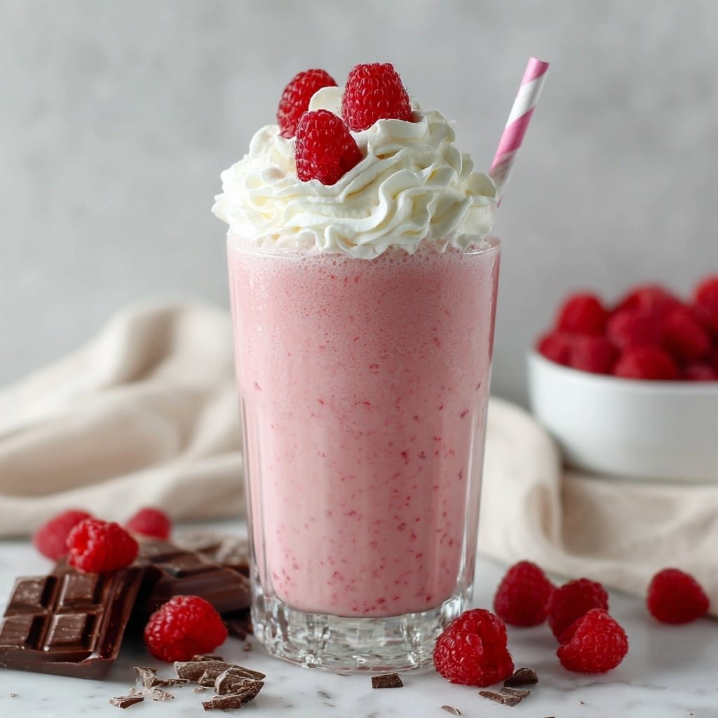 Raspberry White Chocolate Milkshake Recipe - Recipe Image — Raspberry White Chocolate Milkshake, easy berry milkshake, creamy fruit milkshake, quick homemade milkshake, refreshing berry dessert