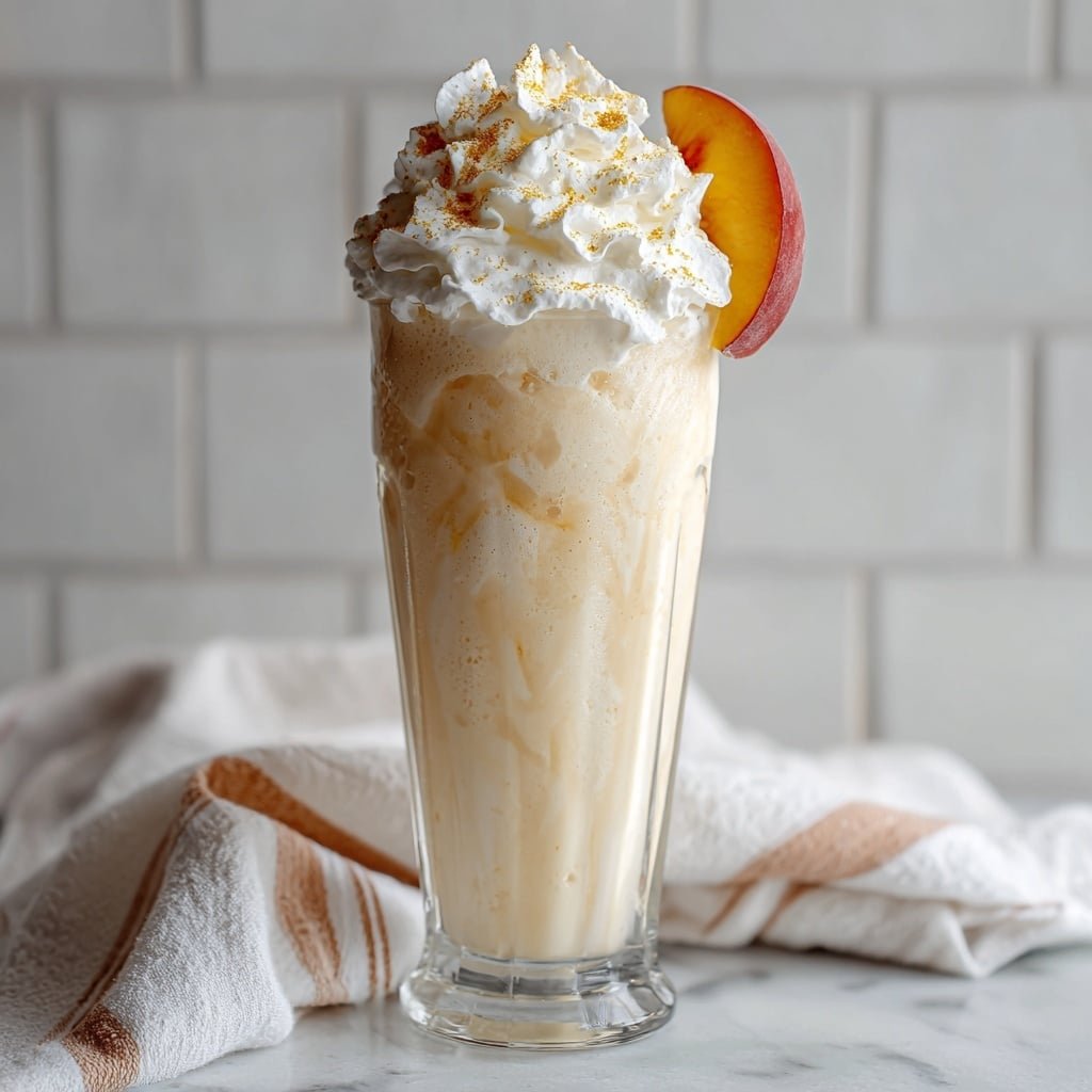 Creamy Peach Vanilla Milkshake Recipe - Recipe Image — Creamy Peach Vanilla Milkshake, Peach Vanilla Milkshake, Easy Peach Milkshake, Refreshing Summer Milkshake, Thick Fruit Milkshake