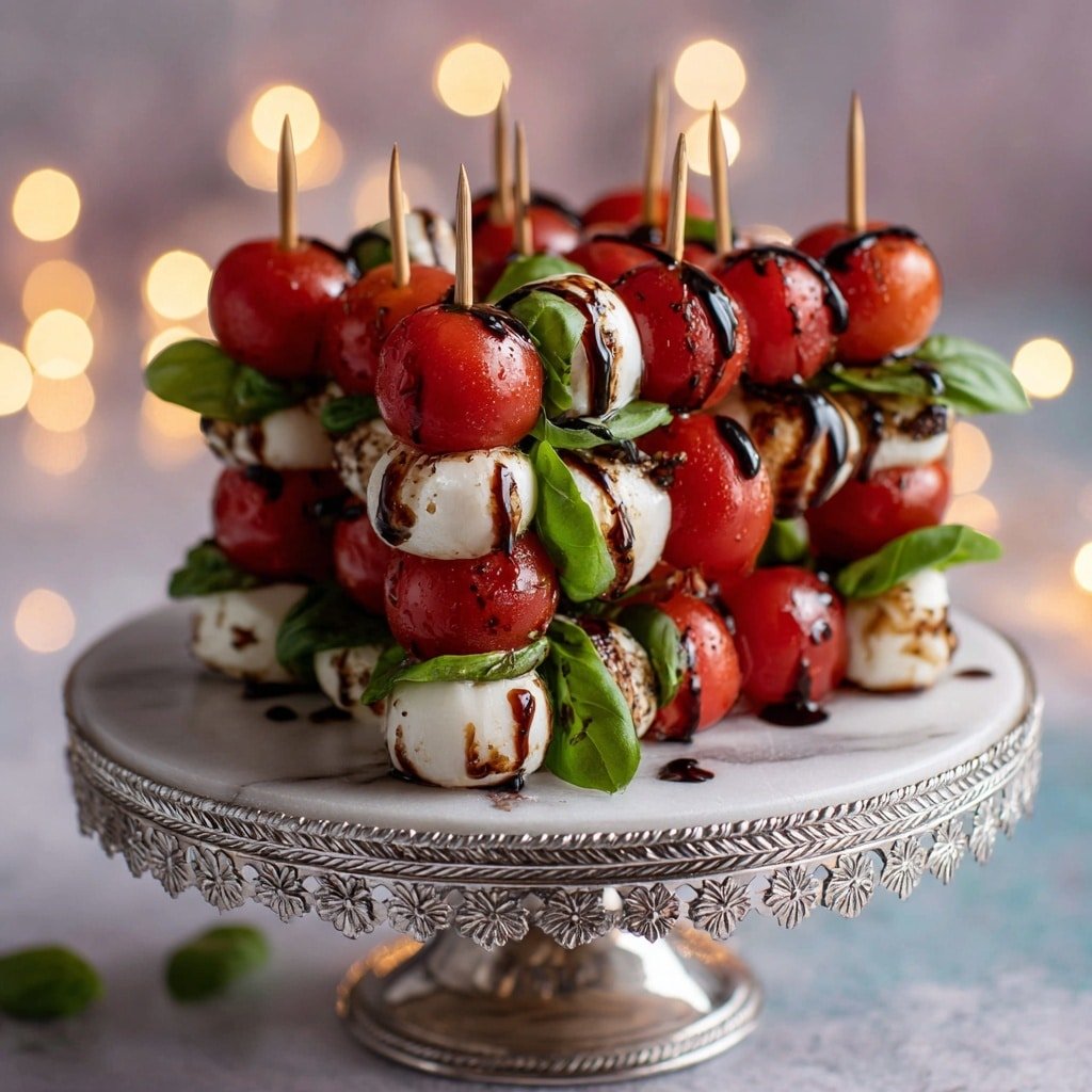 Caprese Skewers Recipe - Recipe Image — Caprese Skewers, easy appetizer, cherry tomato and mozzarella bites, balsamic glaze appetizer, fresh summer snack