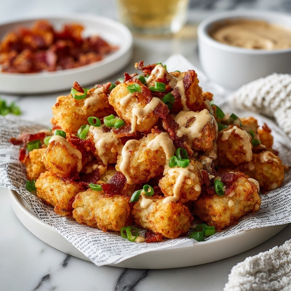 Loaded Tater Tots with Bacon, Queso, and Ranch Recipe - Recipe Image — Loaded Tater Tots with Bacon, Queso, and Ranch, crispy loaded tater tots, bacon and queso snack, easy loaded tot recipe, hearty appetizer with ranch