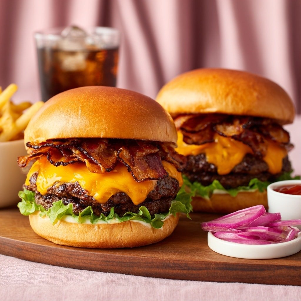 Grilled Cheeseburgers with Bacon and Pickled Vegetables Recipe - Recipe Image — Grilled Cheeseburgers with Bacon and Pickled Vegetables, Grilled Cheeseburgers with Bacon and Pickled Vegetables recipe, Bacon cheeseburgers with pickled vegetables, Easy grilled cheeseburgers with bacon, Juicy bacon cheeseburgers with pickled toppings