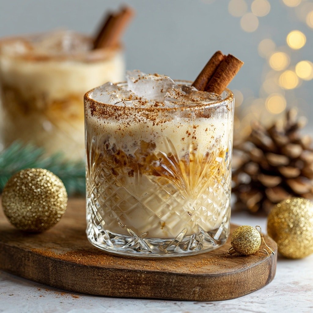 Eggnog White Russian Recipe - Recipe Image — Eggnog White Russian, Eggnog White Russian cocktail, holiday eggnog drinks, festive White Russian recipe, creamy holiday cocktails