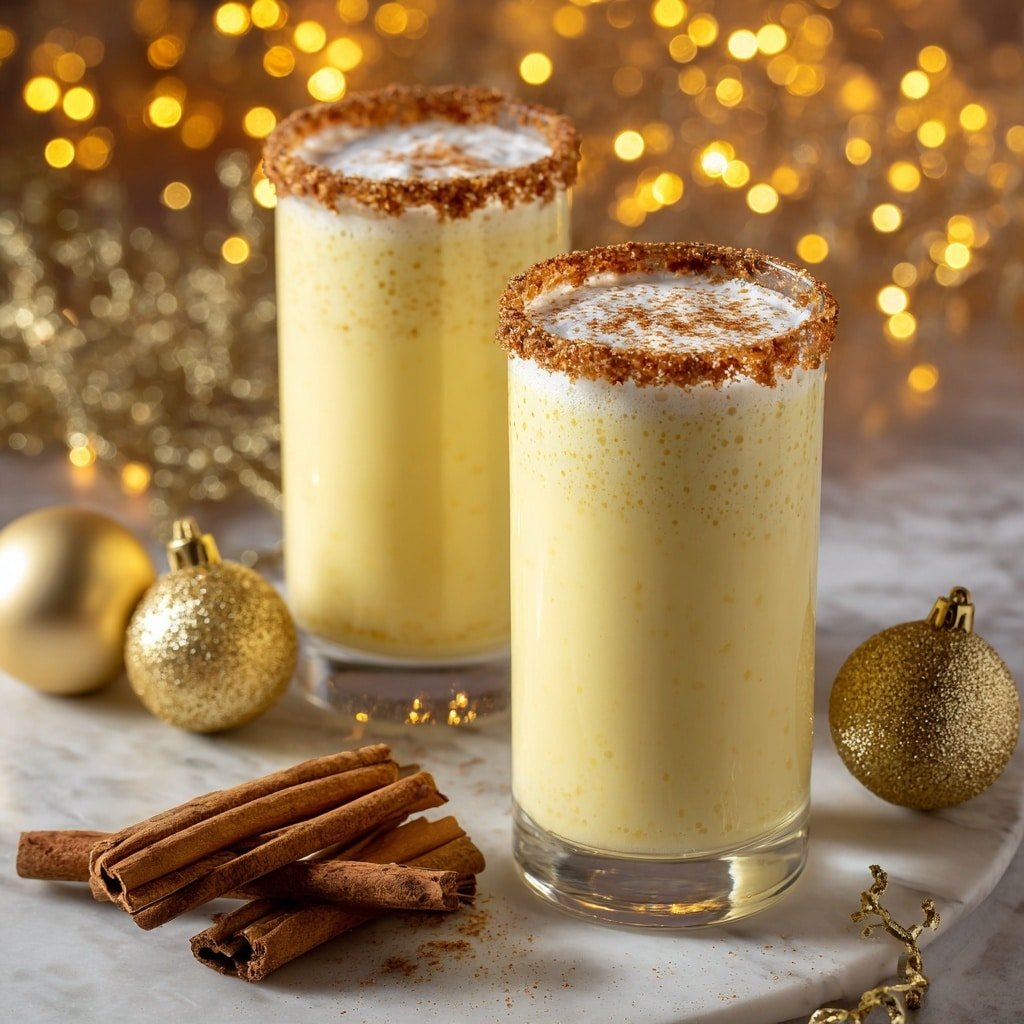 Eggnog Mimosa Recipe - Recipe Image — Eggnog Mimosa, festive brunch drinks, holiday cocktail ideas, creamy eggnog cocktails, sparkling wine mimosas