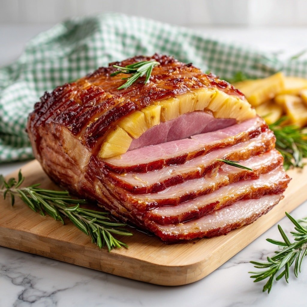 Brown Sugar Pineapple Ham Recipe - Recipe Image — Brown Sugar Pineapple Ham, Pineapple Glazed Ham, Easy Ham Recipe, Holiday Ham Ideas, Tropical Ham Glaze