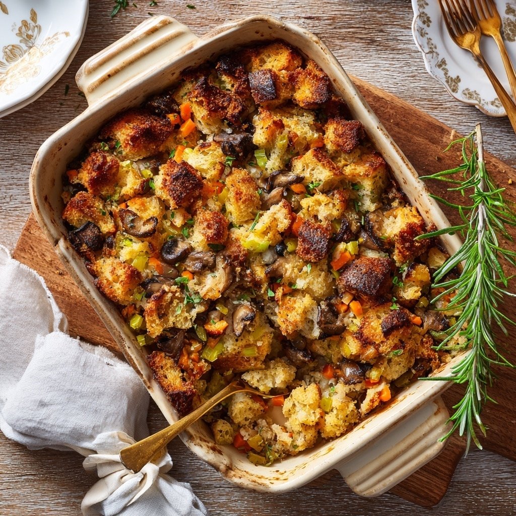 Herb & Vegetable Stuffing Recipe - Recipe Image — Herb & Vegetable Stuffing, homemade stuffing with fresh herbs, easy vegetable stuffing recipe, savory stuffing for holidays, healthy veggie stuffing