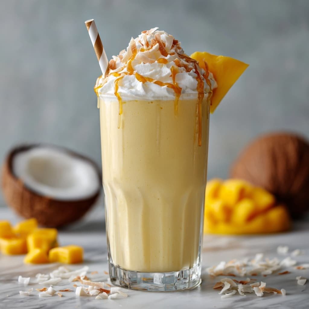 Mango Coconut Milkshake Recipe - Recipe Image — Mango Coconut Milkshake, tropical mango coconut smoothie, easy mango milkshake, quick summer beverage, creamy fruit shake