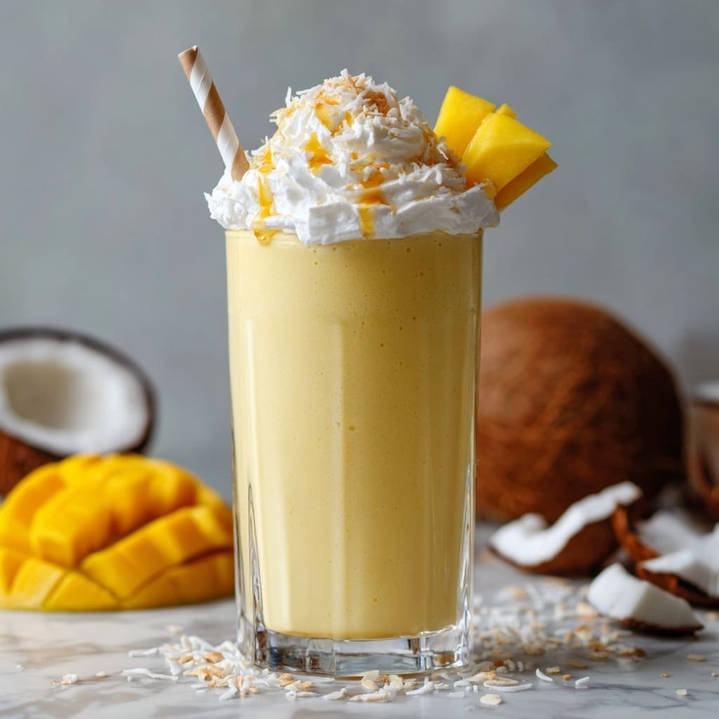 Mango Coconut Milkshake Recipe - Recipe Image — Mango Coconut Milkshake, tropical mango coconut smoothie, easy mango milkshake, quick summer beverage, creamy fruit shake