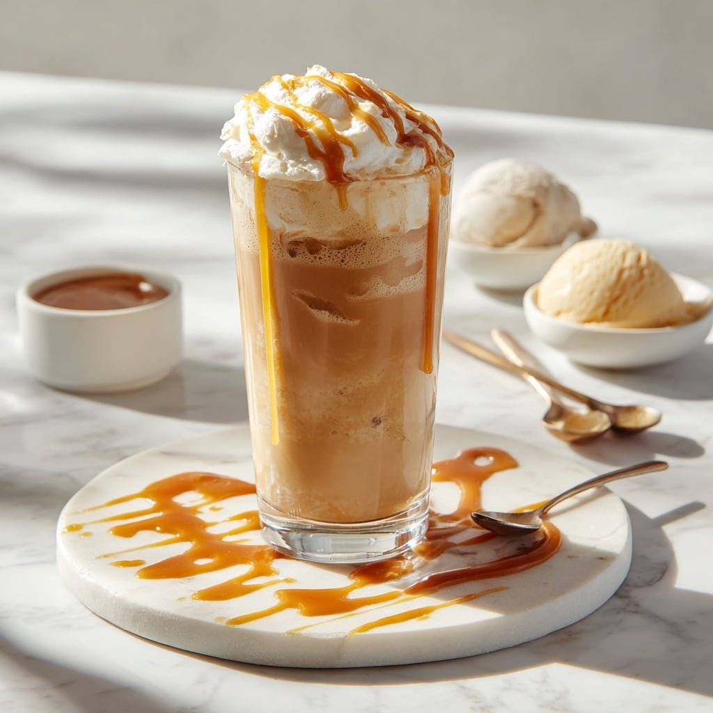 Salted Caramel Milkshake Recipe - Recipe Image — Salted Caramel Milkshake, salted caramel milkshake recipe, easy caramel milkshake, vanilla ice cream milkshake, sweet and salty milkshake