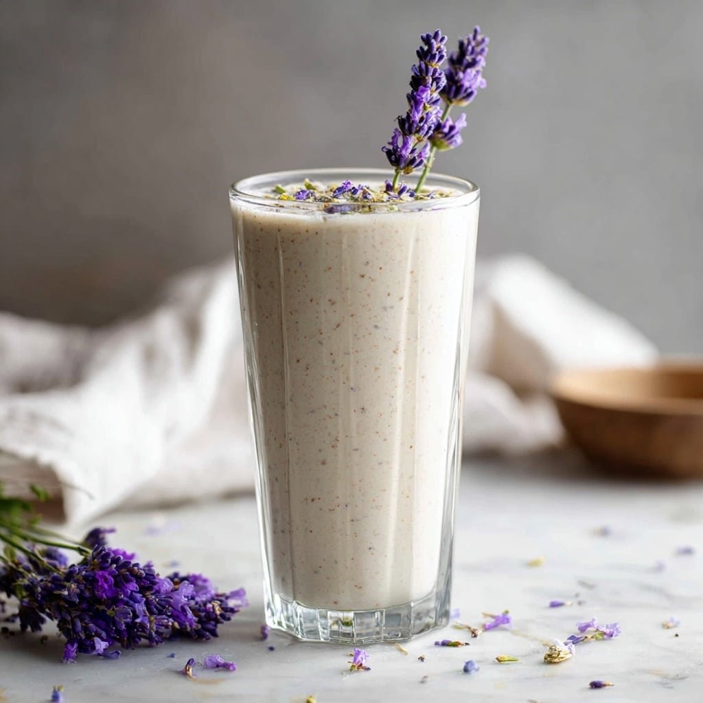 Salted Honey Lavender Milkshake Recipe - Recipe Image — Salted Honey Lavender Milkshake, lavender milkshake, honey milkshake recipe, floral milkshake, creamy lavender beverage