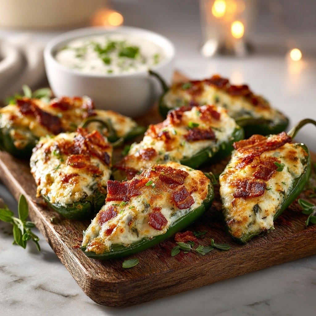 Baked Jalapeño Poppers with Cream Cheese, Cheddar, and Bacon Recipe - Recipe Image — Baked Jalapeño Poppers with Cream Cheese, Cheddar, and Bacon, spicy jalapeño appetizer, cheesy bacon stuffed jalapeños, easy baked jalapeño poppers, party appetizer