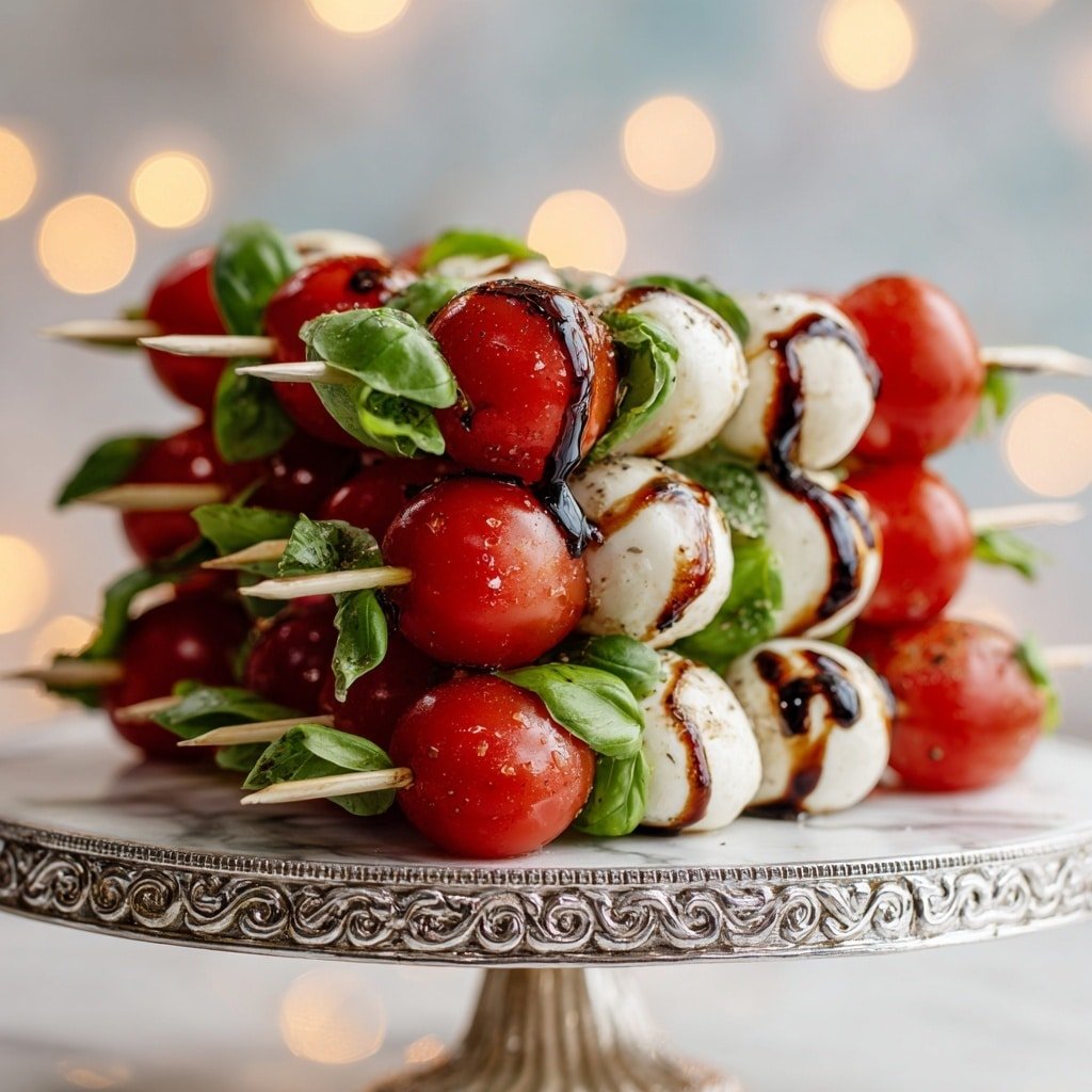 Caprese Skewers Recipe - Recipe Image — Caprese Skewers, easy appetizer, cherry tomato and mozzarella bites, balsamic glaze appetizer, fresh summer snack