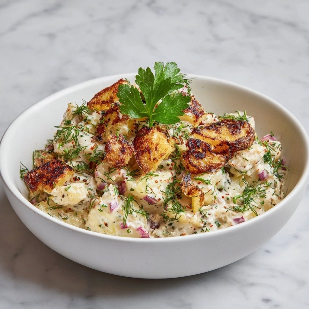 Smashed Potato Salad with Fresh Herbs and Creamy Dressing Recipe - Recipe Image — Smashed Potato Salad with Fresh Herbs and Creamy Dressing, easy potato salad recipes, herb potato salad ideas, homemade potato salad, creamy herb potato salad