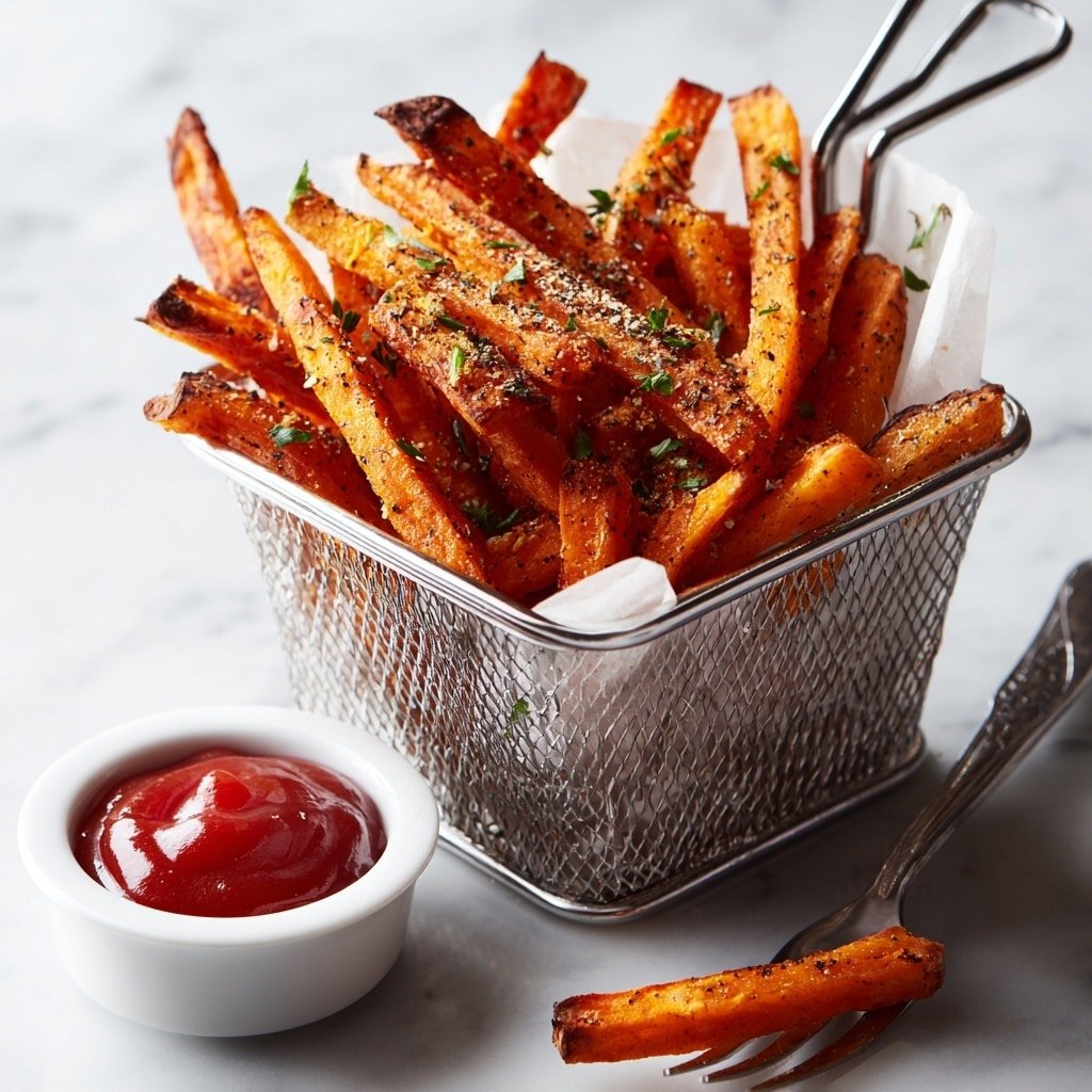 Air Fryer Sweet Potato Fries Recipe - Recipe Image — Air Fryer Sweet Potato Fries, crispy sweet potato fries, healthy snack recipes, easy air fryer side dish, homemade sweet potato fries