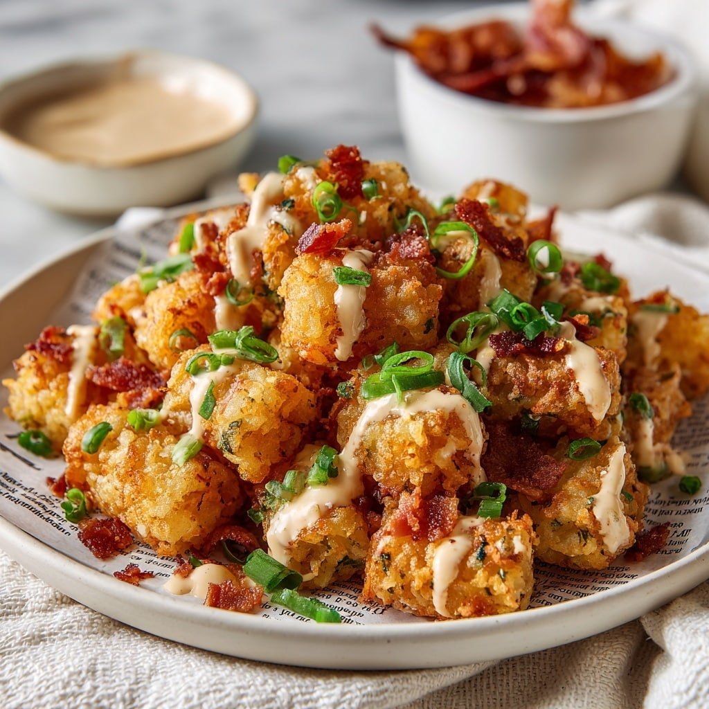 Loaded Tater Tots with Bacon, Queso, and Ranch Recipe - Recipe Image — Loaded Tater Tots with Bacon, Queso, and Ranch, crispy loaded tater tots, bacon and queso snack, easy loaded tot recipe, hearty appetizer with ranch