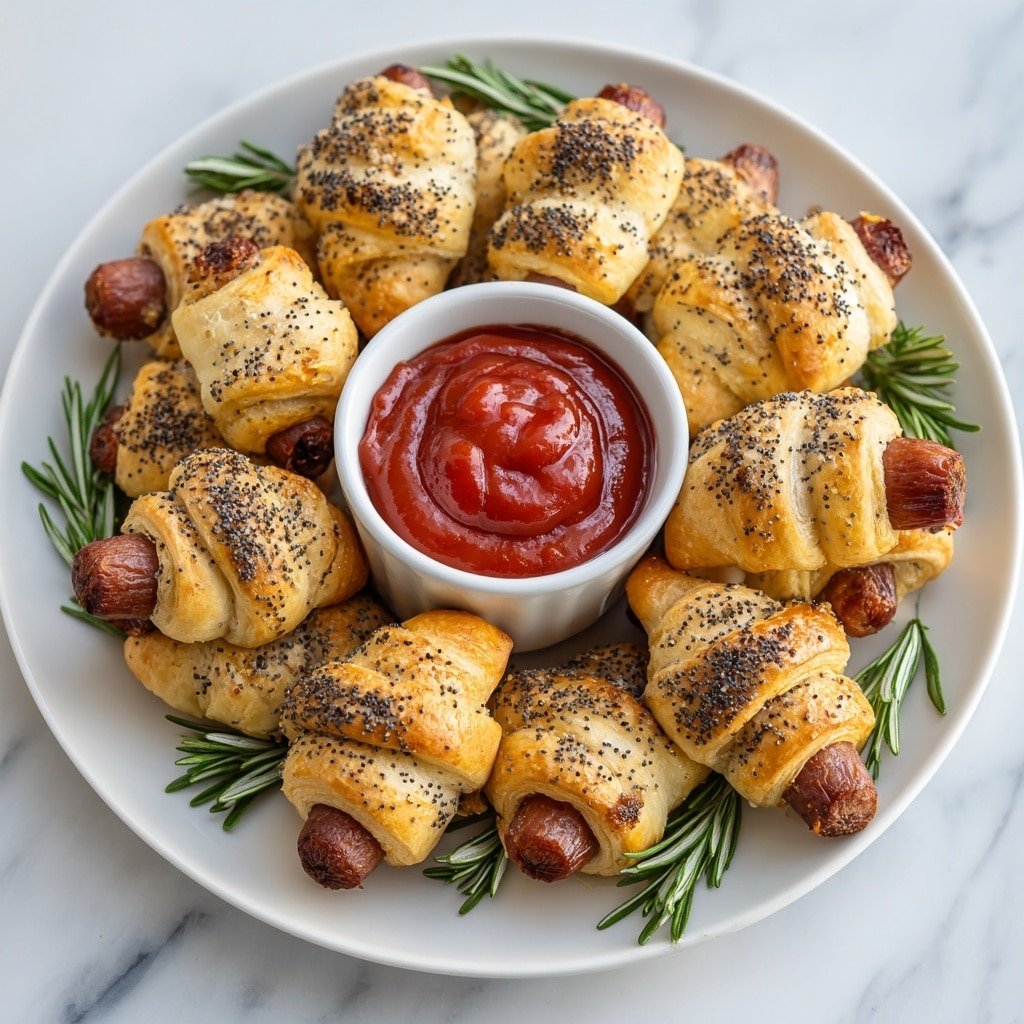 Mini Pigs in Blankets Recipe - Recipe Image — Mini Pigs in Blankets, Mini Pigs in Blankets recipe, easy pigs in blankets, savory party snacks, flaky puff pastry sausages