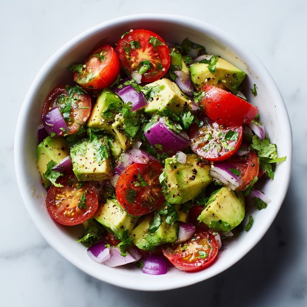 Avocado and Tomato Salad with Lime Dressing Recipe - Recipe Image — Avocado and Tomato Salad with Lime Dressing, Fresh avocado tomato salad, Easy healthy salad recipe, Citrus lime vinaigrette salad, Quick summer vegetable salad