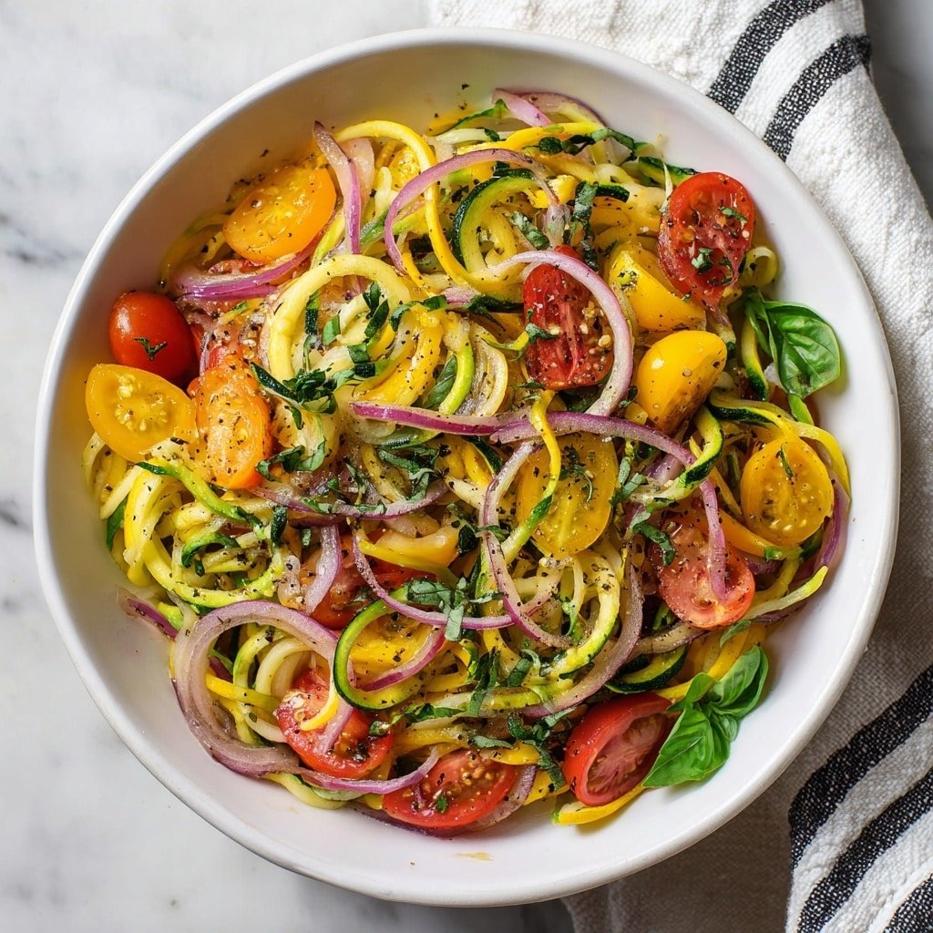 Zucchini Noodle Salad with Cherry Tomatoes and Lemon Dressing Recipe - Recipe Image — Zucchini Noodle Salad with Cherry Tomatoes and Lemon Dressing, healthy zucchini noodle salad, quick veggie salad, fresh summer salad, light lemon salad