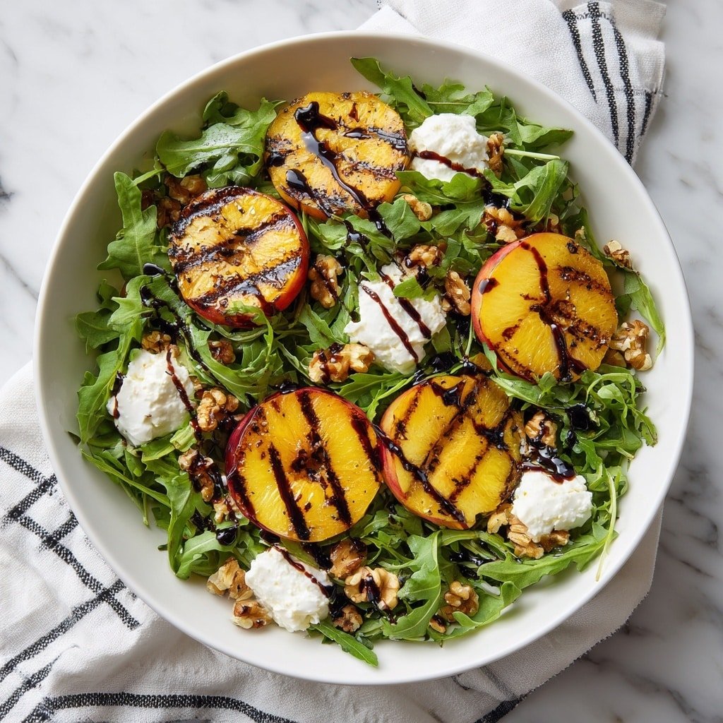 Grilled Peach Salad with Arugula and Burrata Recipe - Recipe Image — Grilled Peach Salad with Arugula and Burrata, fresh peach salad, summer fruit salad, easy grilled peach recipe, healthy fruit and greens salad