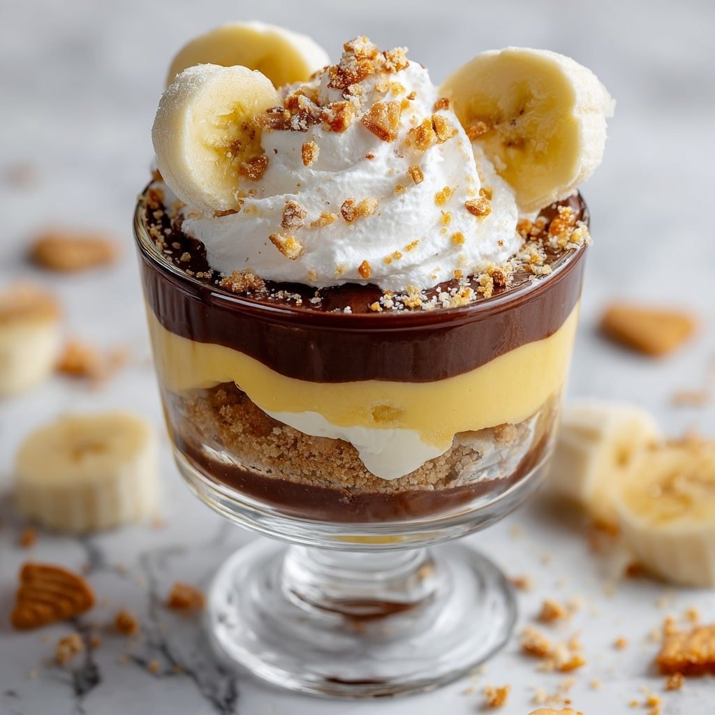 Chocolate Peanut Butter Banana Trifle Recipe - Recipe Image — Chocolate Peanut Butter Banana Trifle, Chocolate Peanut Butter Banana Trifle recipe, easy trifle dessert with bananas and peanut butter, decadent layered banana dessert, quick and simple trifle recipe