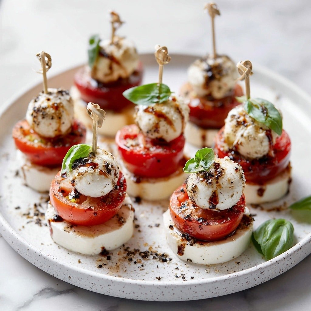 Mini Caprese Salad Bites Recipe - Recipe Image — Mini Caprese Salad Bites, Caprese appetizer, cherry tomato mozzarella bites, Italian summer appetizers, quick party snacks