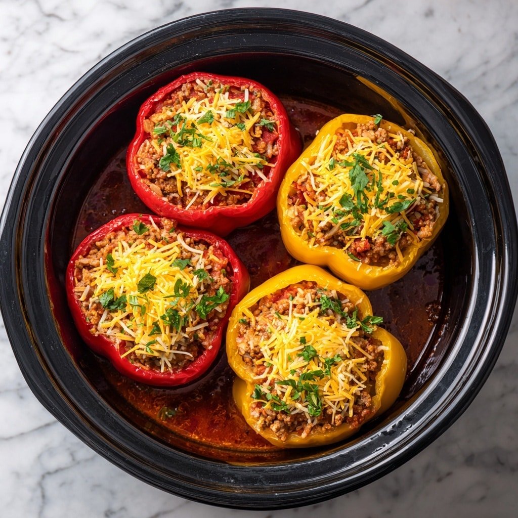 Crockpot Stuffed Peppers Recipe - Recipe Image — Crockpot Stuffed Peppers, Slow Cooker Stuffed Peppers Recipe, Easy Crockpot Pepper Dinner, Healthy Stuffed Bell Peppers, Make-Ahead Crockpot Stuffed Peppers