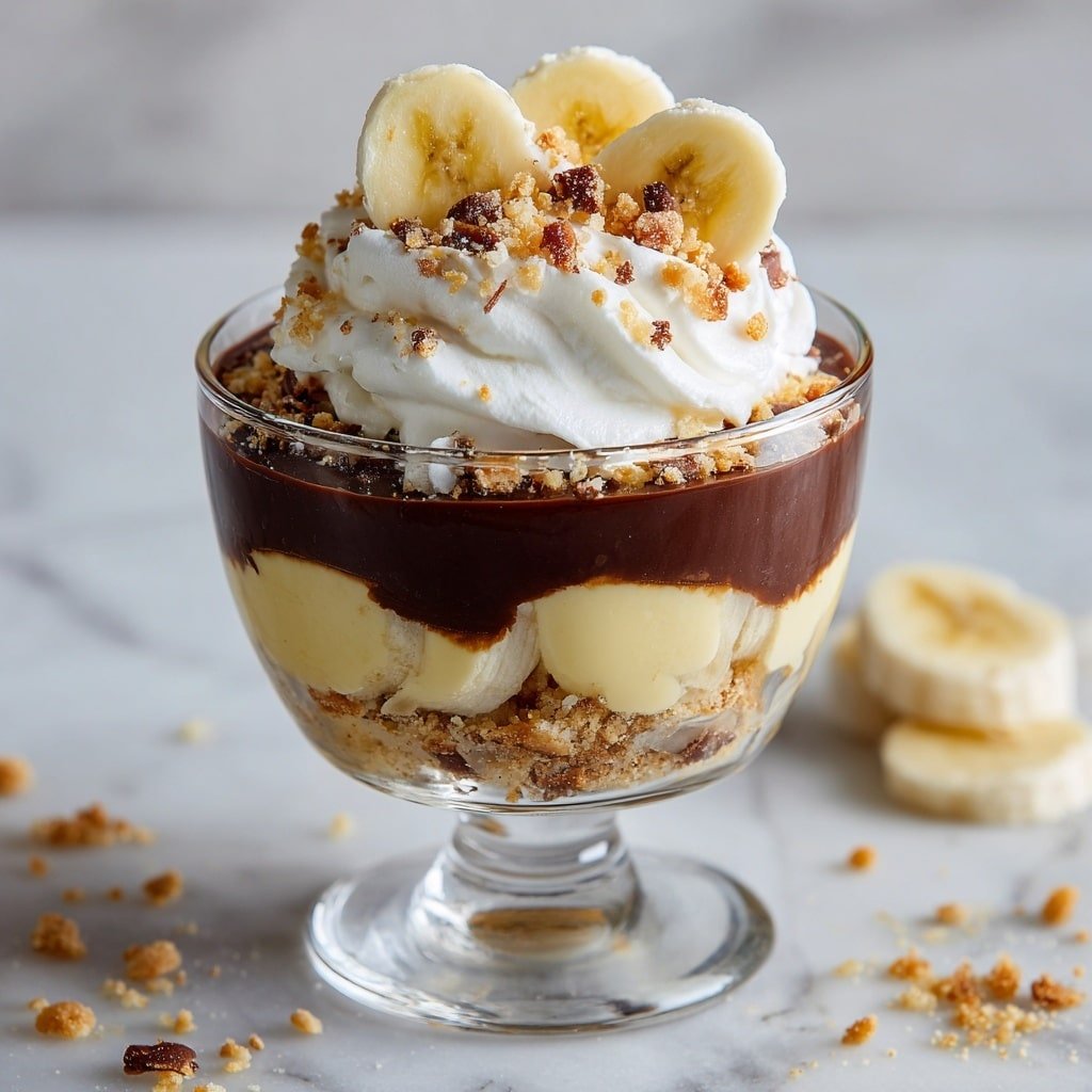Chocolate Peanut Butter Banana Trifle Recipe - Recipe Image — Chocolate Peanut Butter Banana Trifle, Chocolate Peanut Butter Banana Trifle recipe, easy trifle dessert with bananas and peanut butter, decadent layered banana dessert, quick and simple trifle recipe