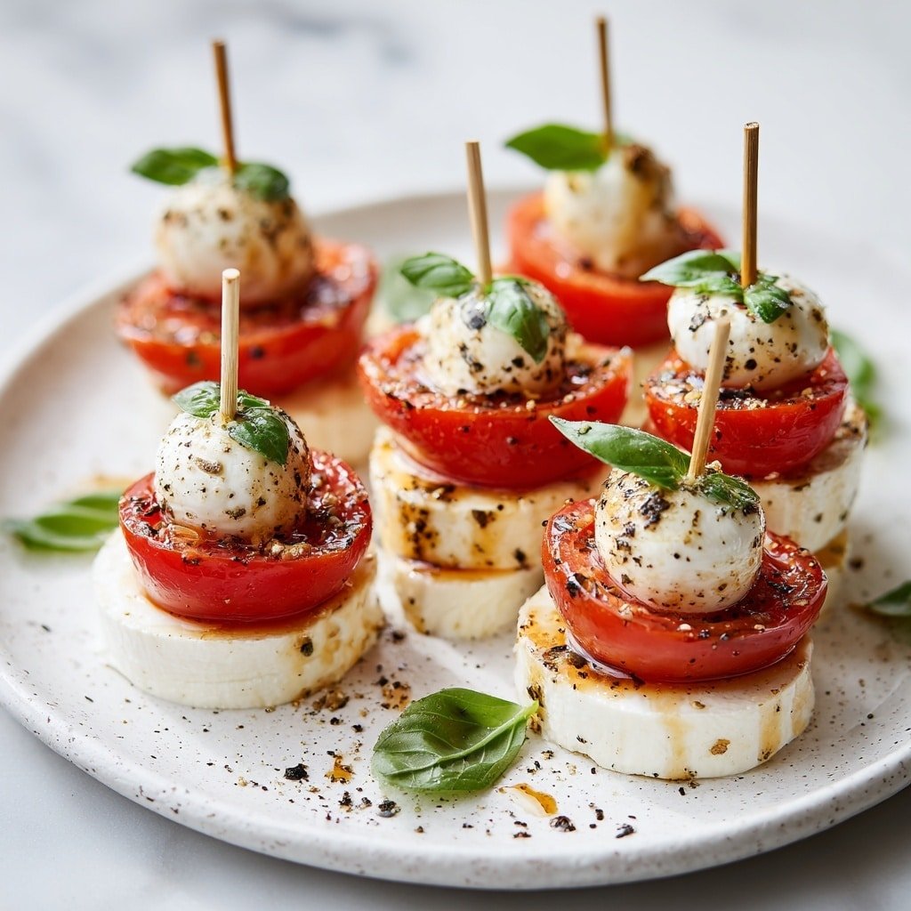 Mini Caprese Salad Bites Recipe - Recipe Image — Mini Caprese Salad Bites, Caprese appetizer, cherry tomato mozzarella bites, Italian summer appetizers, quick party snacks