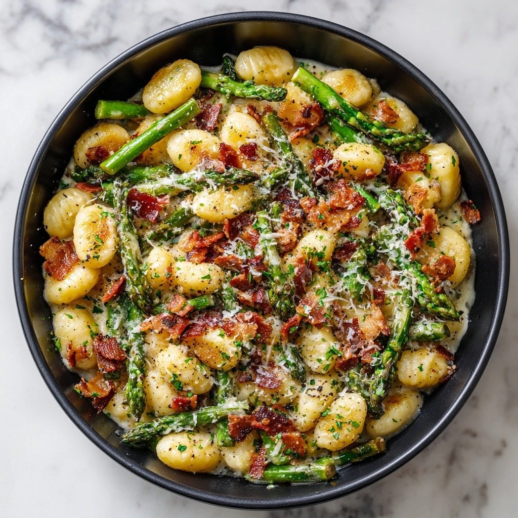 Creamy Asparagus Bacon Gnocchi Recipe - Recipe Image — Creamy Asparagus Bacon Gnocchi, asparagus bacon gnocchi, easy creamy gnocchi with asparagus and bacon,  quick asparagus bacon pasta, comforting gnocchi recipes